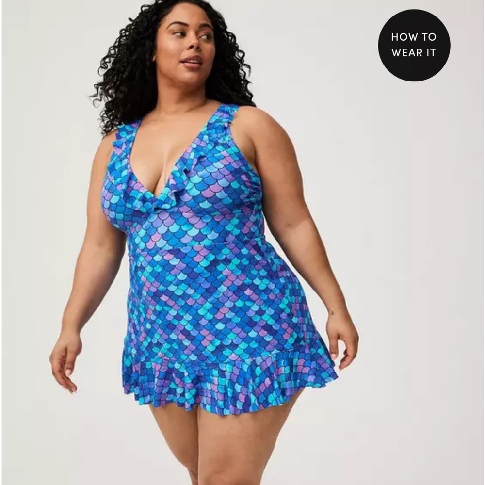 New! Torrid sz 3 Ruffles Mermaid Scales Blue Bathing Swim‎ Suit 3X